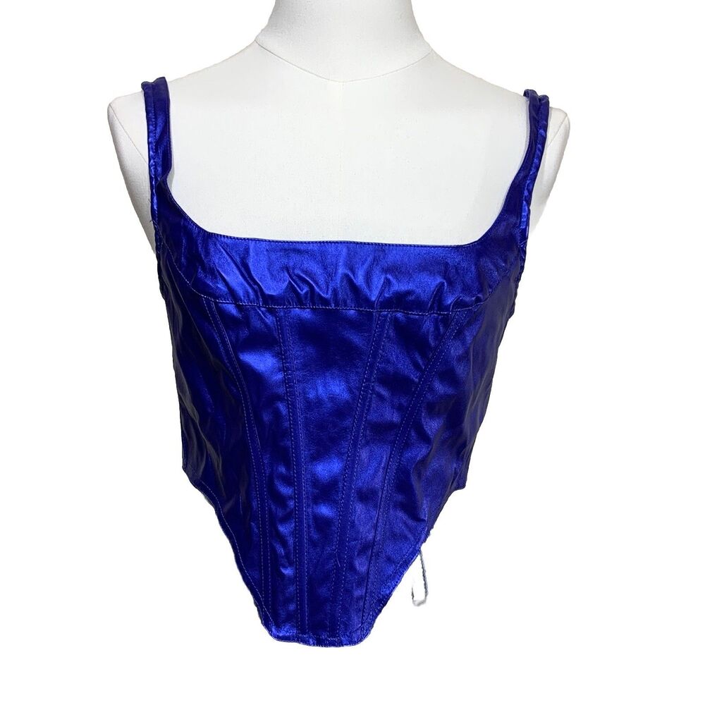 SHEIN BAE Corset Top Womens Small Blue Metallic Square Neck Boned Bustier NWT